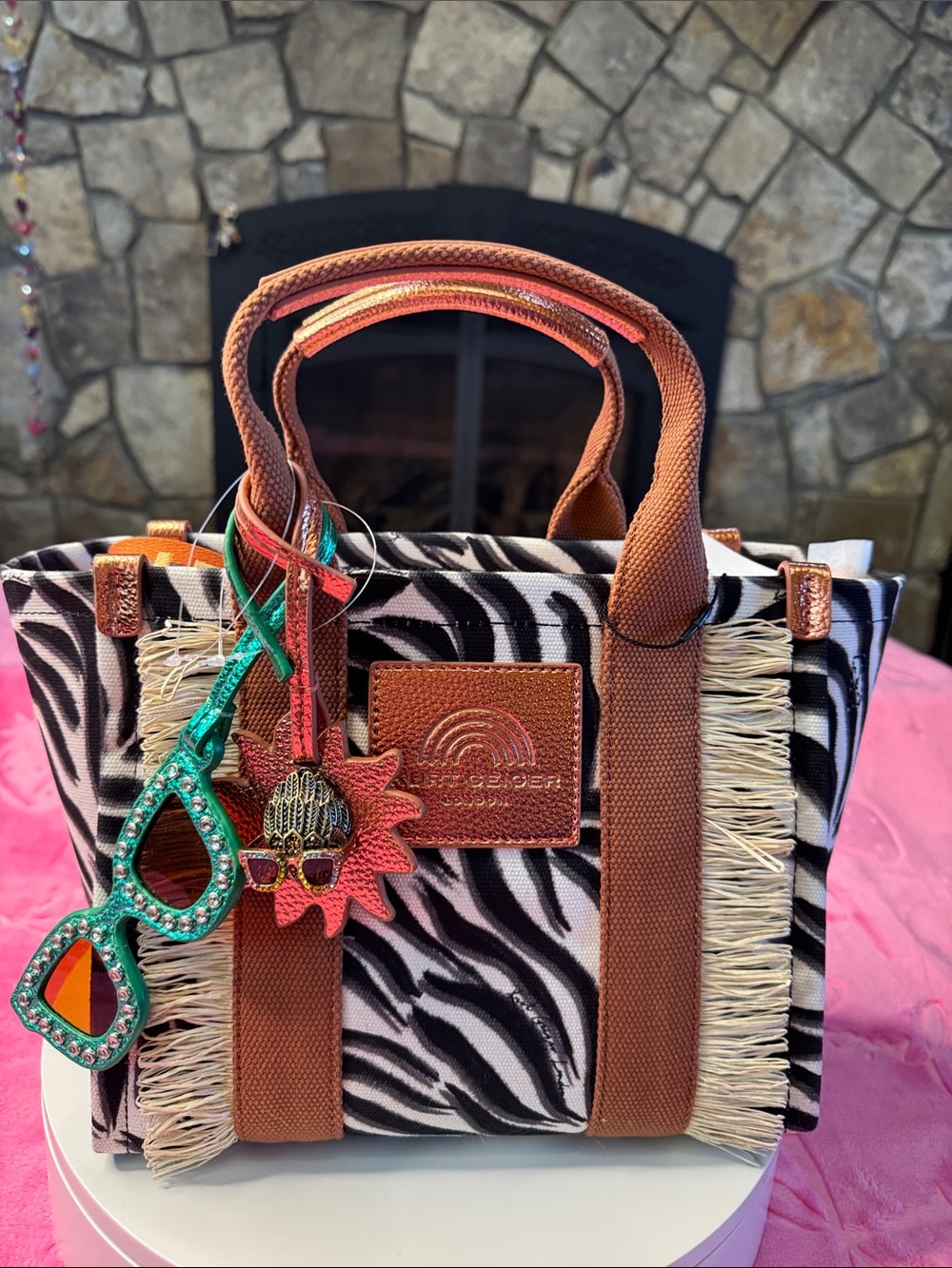 Kurt Geiger Southbank Zebra Canvas Shopper w/ Copper Trim & Charms NWT